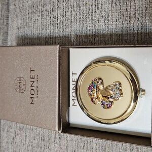 Monet Compact Double Mirror Gold Tone Beaded Mushroom
